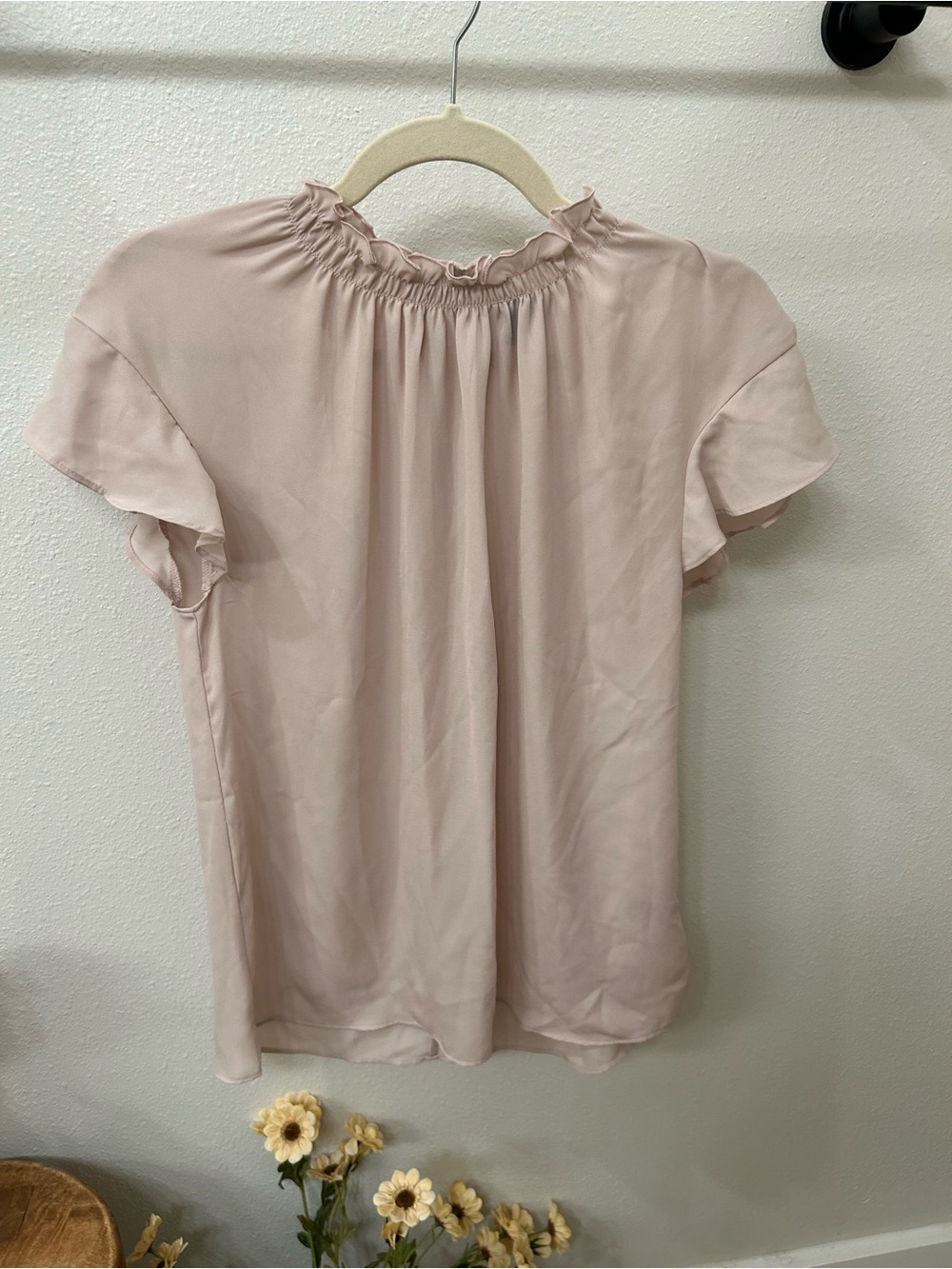 Express Soft Blush Pink Short Sleeve Ruffle Neck Blouse